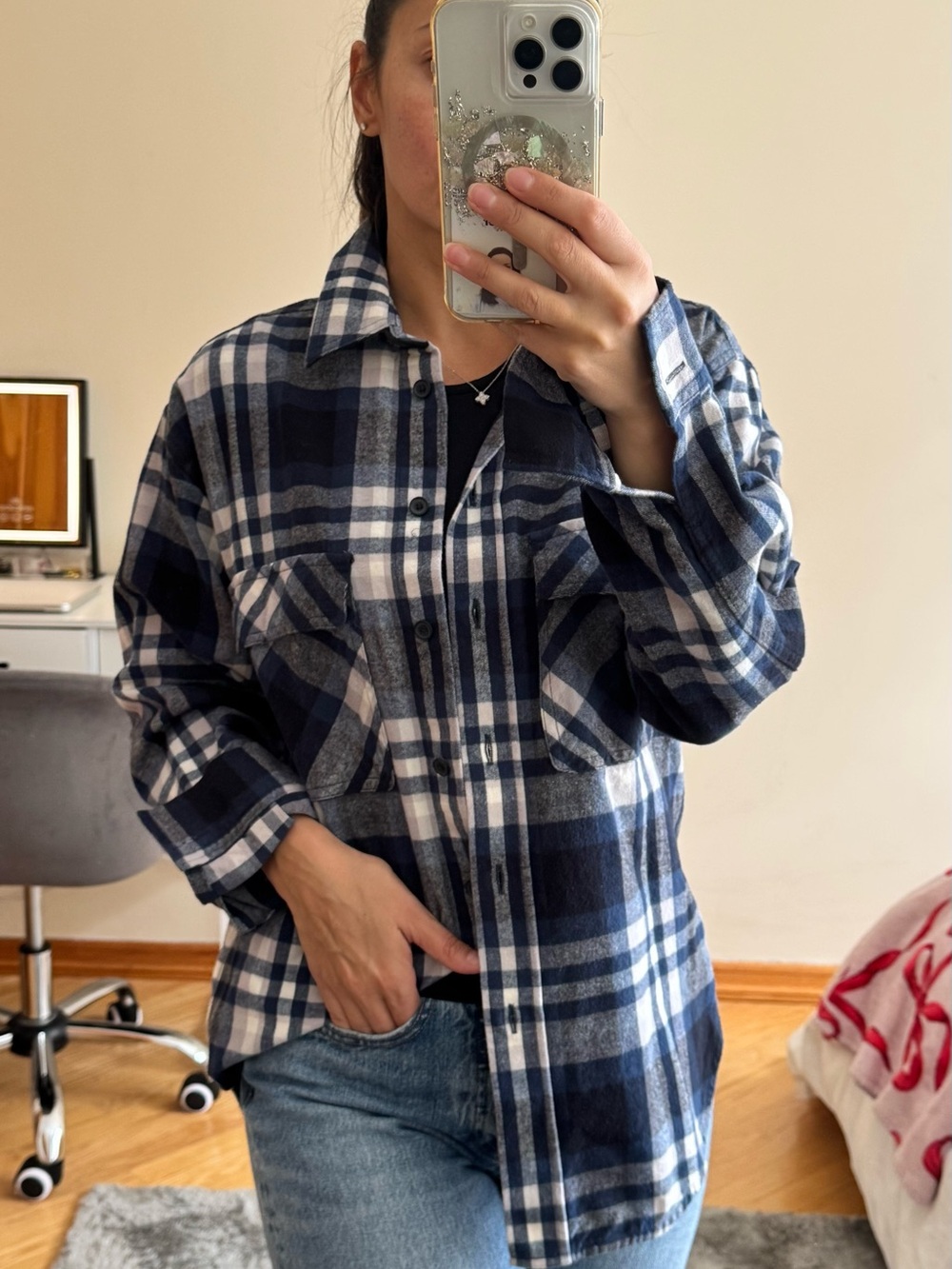 Babaton Blue and White Plaid Oversized Button-Down Shirt